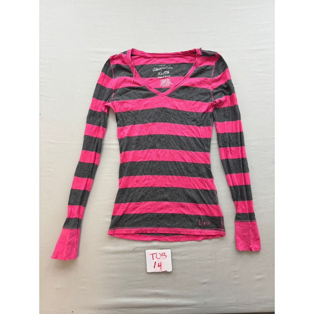 Aeropostale Womens XL Pink Grey Striped V-Neck Long Sleeve Stretch Shirt